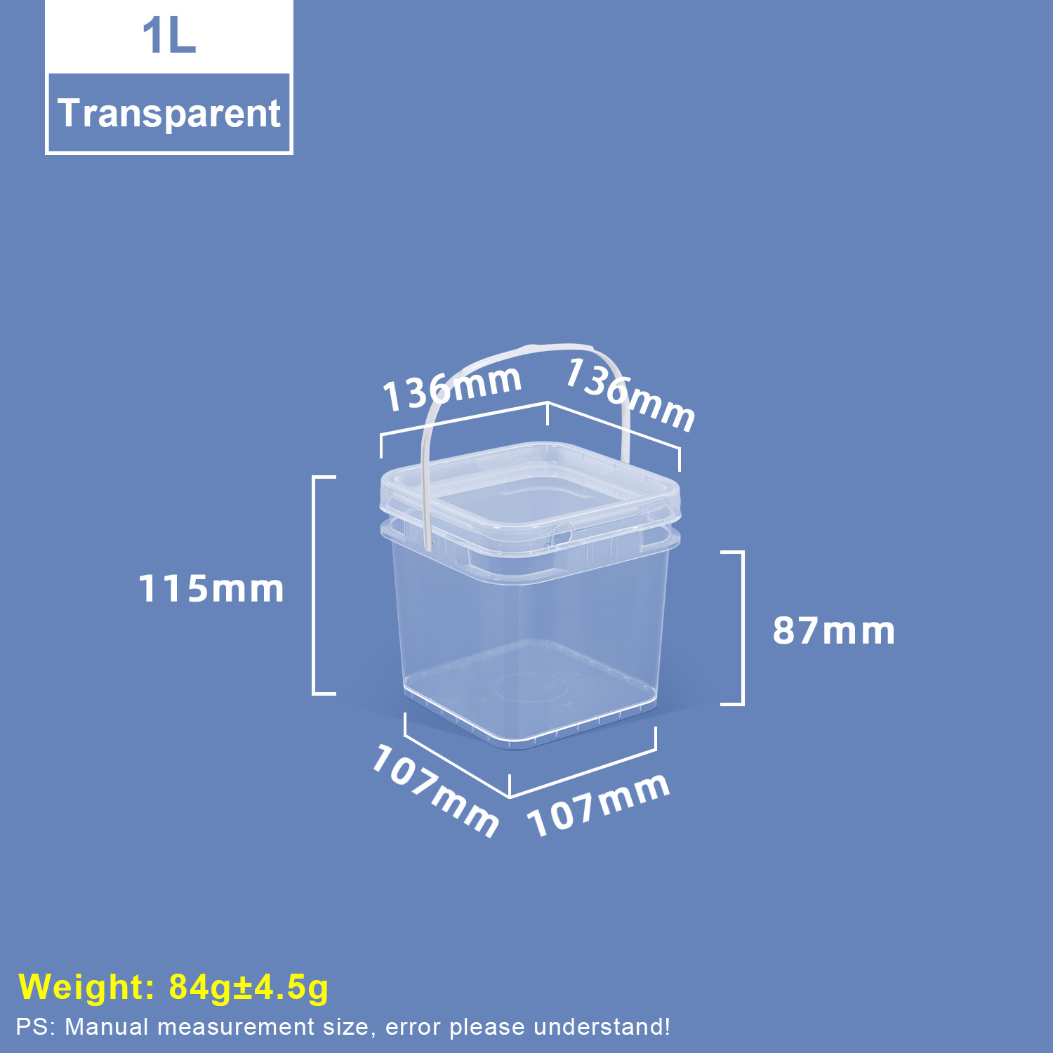 Cubo de plástico cuadrado transparente de 1 litro con tapa y asa
