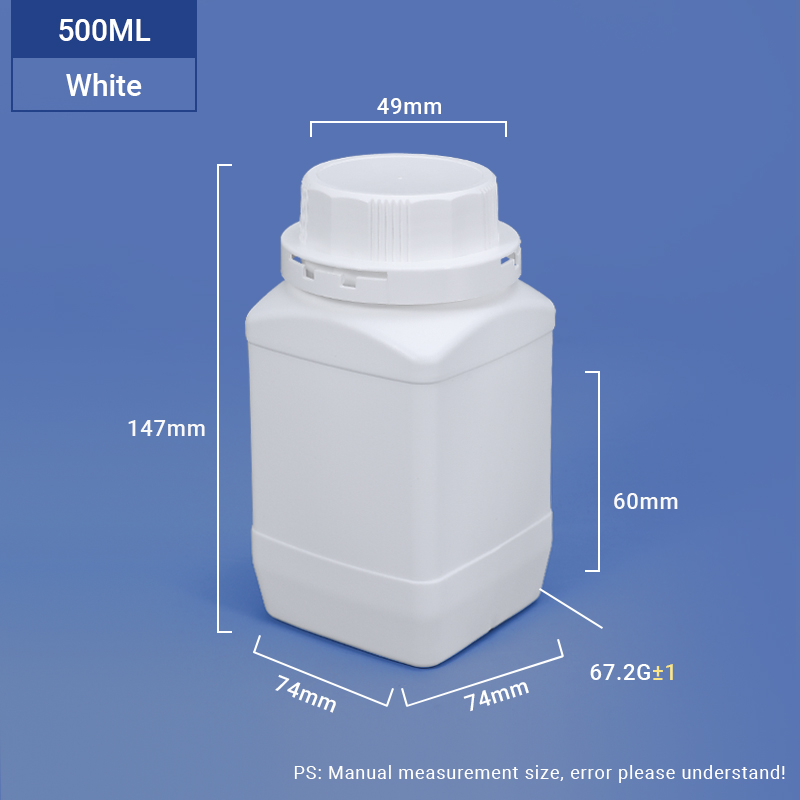 Botella de HDPE cuadrado de cuello blanco de 500 ml de ancho para envases de polvo químico