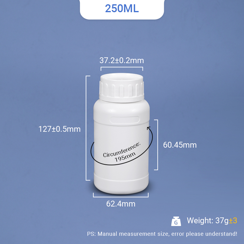 Botella de plástico HDPE de 250 ml con tapa TE y cubierta medidora