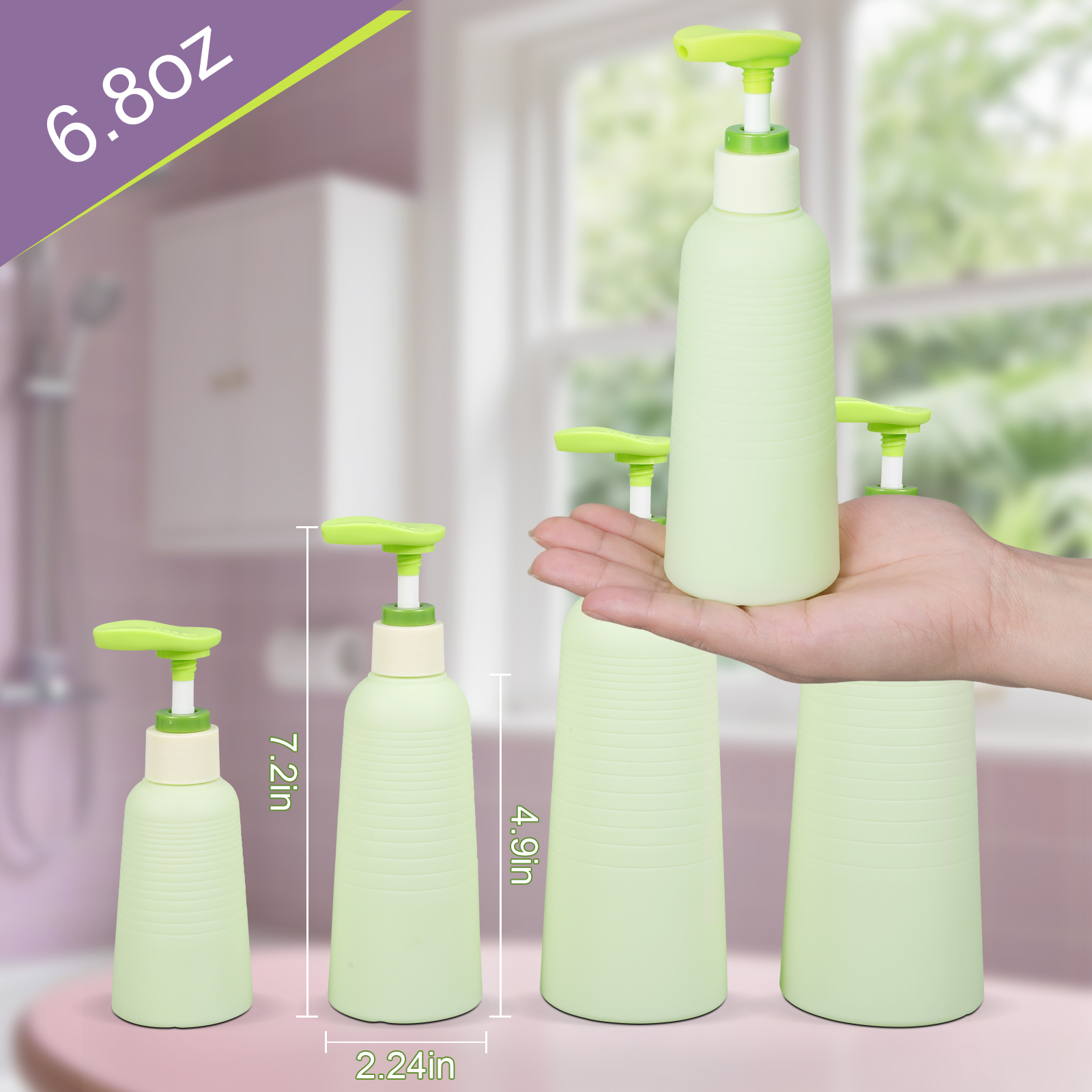 Champú de viaje suave verde y botella de acondicionador con bomba