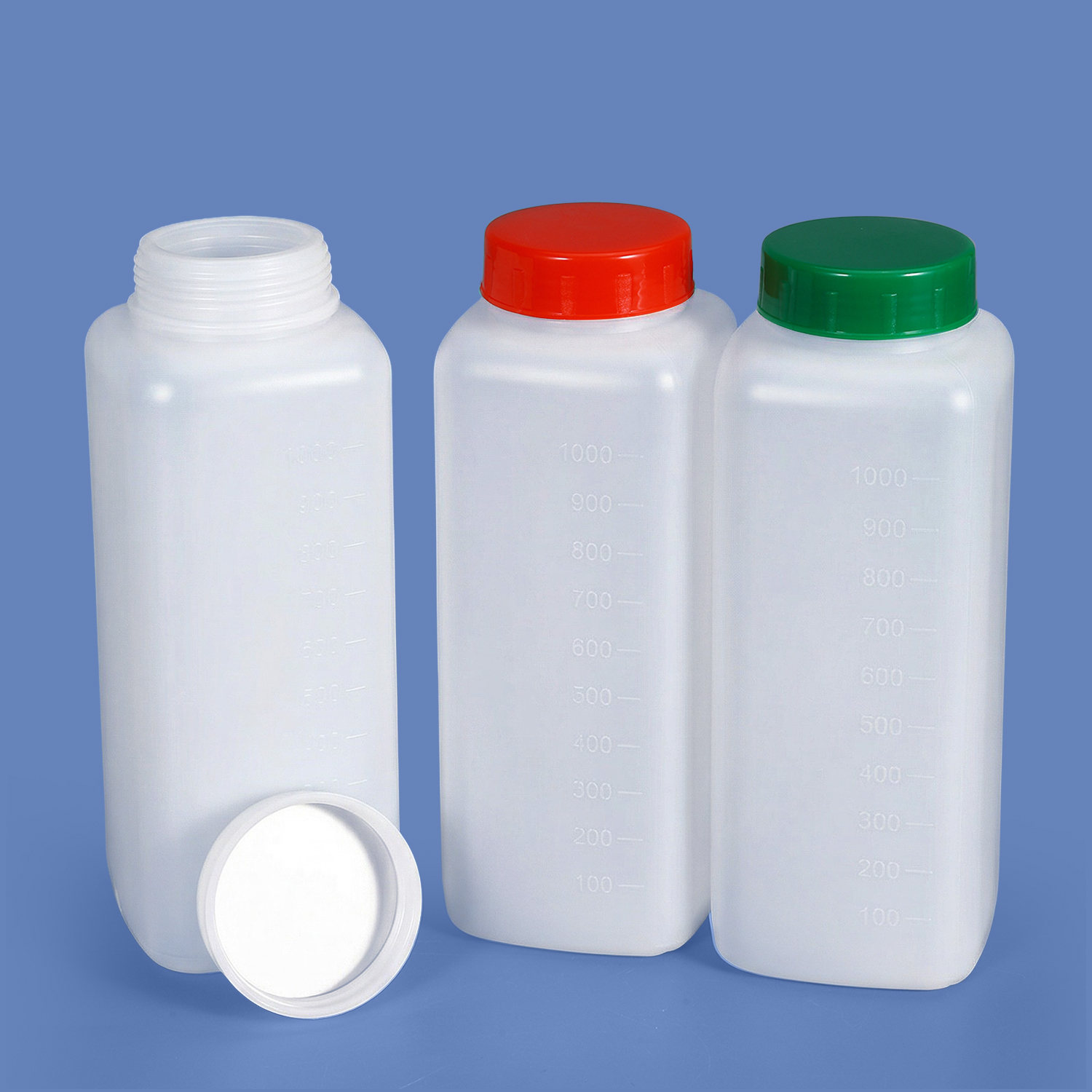 Botella de plástico cuadrada de boca ancha HDPE de 1 litro, cuello de 60 mm con graduación para envases de polvo y líquidos espesos