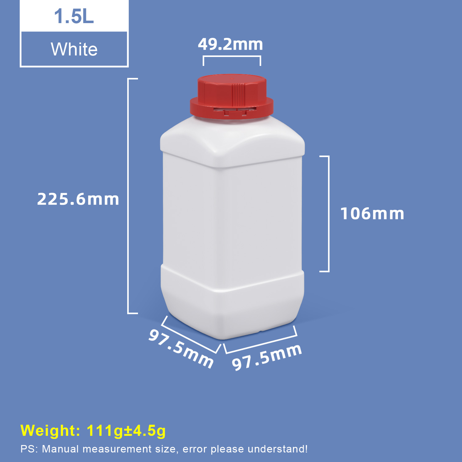 Botellas de plástico cuadradas de cuello ancho blanco de 1500 ml con tapa roja