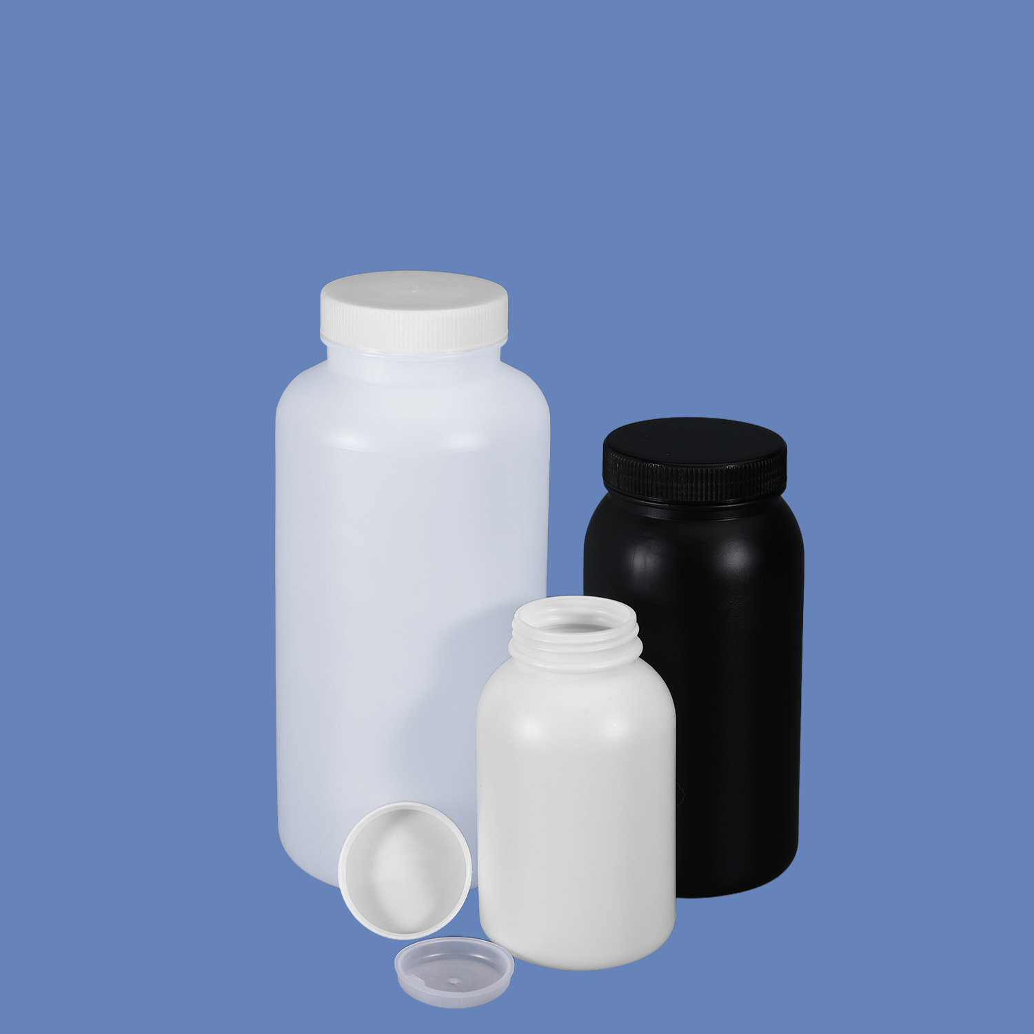 Botella de plástico de boca ancha de HDPE blanco y negro directo de fábrica con tapa interior a prueba de fugas para uso en laboratorio químico