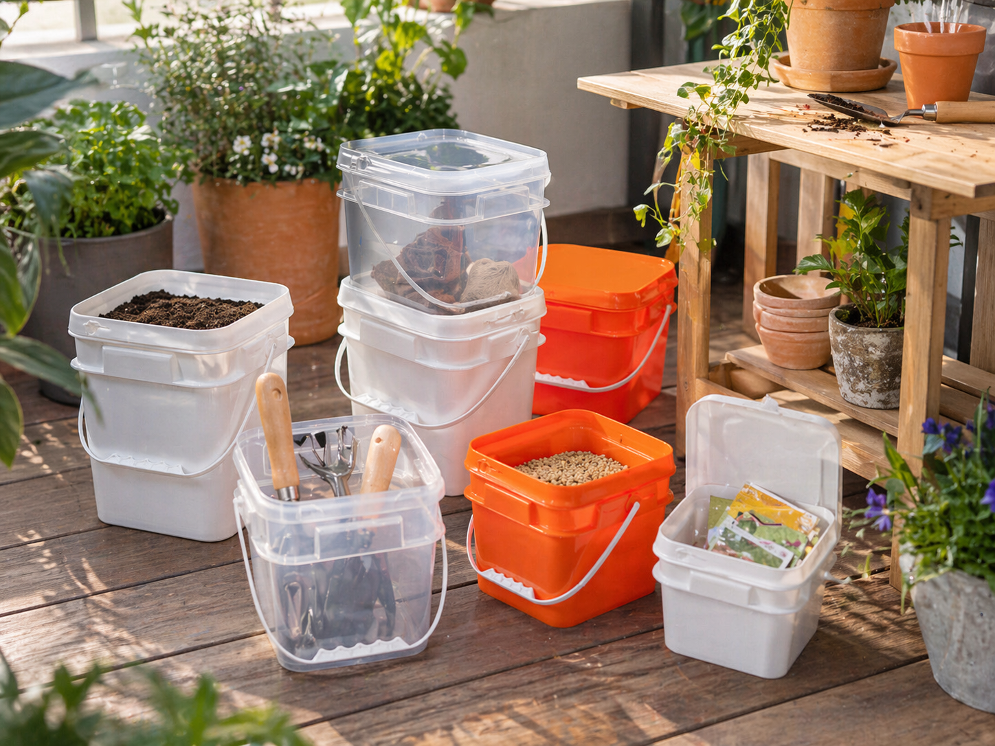 Almacenamiento de jardiner&iacute;a en balc&oacute;n con cubos de pl&aacute;stico cuadrados.png