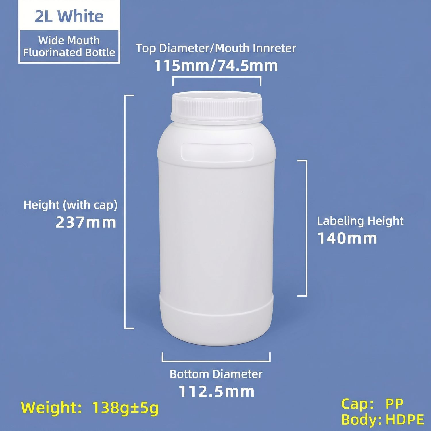 Venta al por mayor de botella de HDPE fluorado de 2L, recipiente de boca ancha a prueba de fugas para líquidos viscosos y disolventes orgánicos