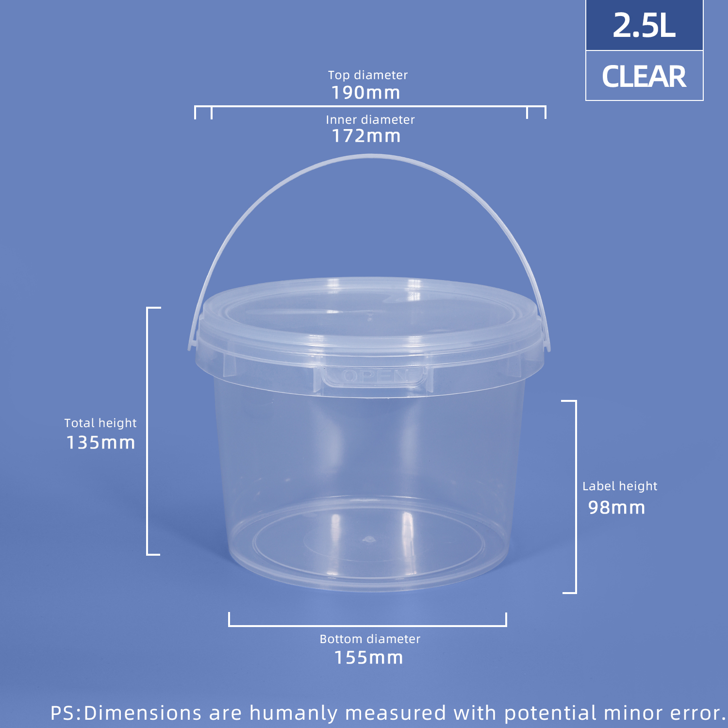 2500 ml de 2.5 LTR de plástico redondo de grado alimenticio y bañera