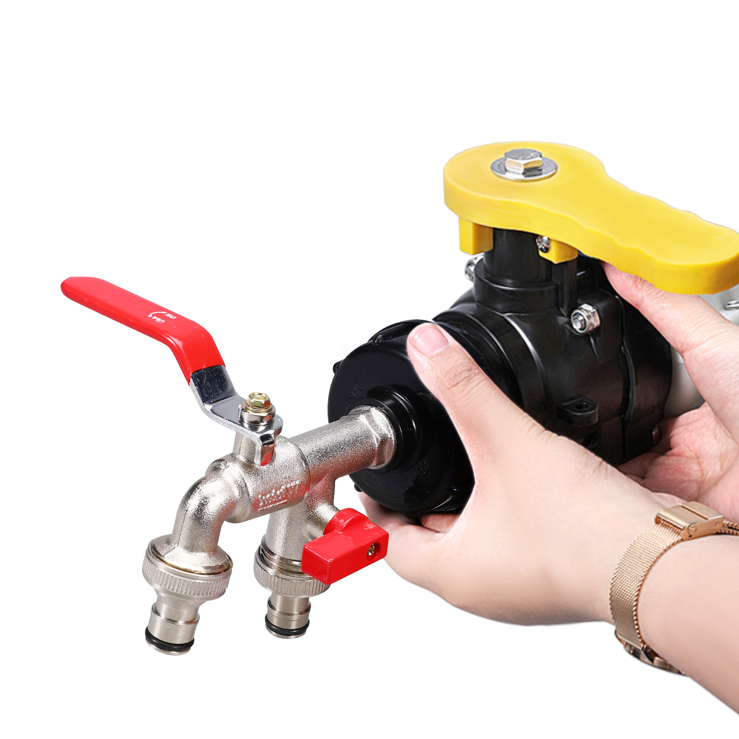 2.44 'Válvula de hilo fino Válvula sin plomo Manguera de latón Herramienta de válvula con válvula de bola (2 en 1 grifos dobles +latón)