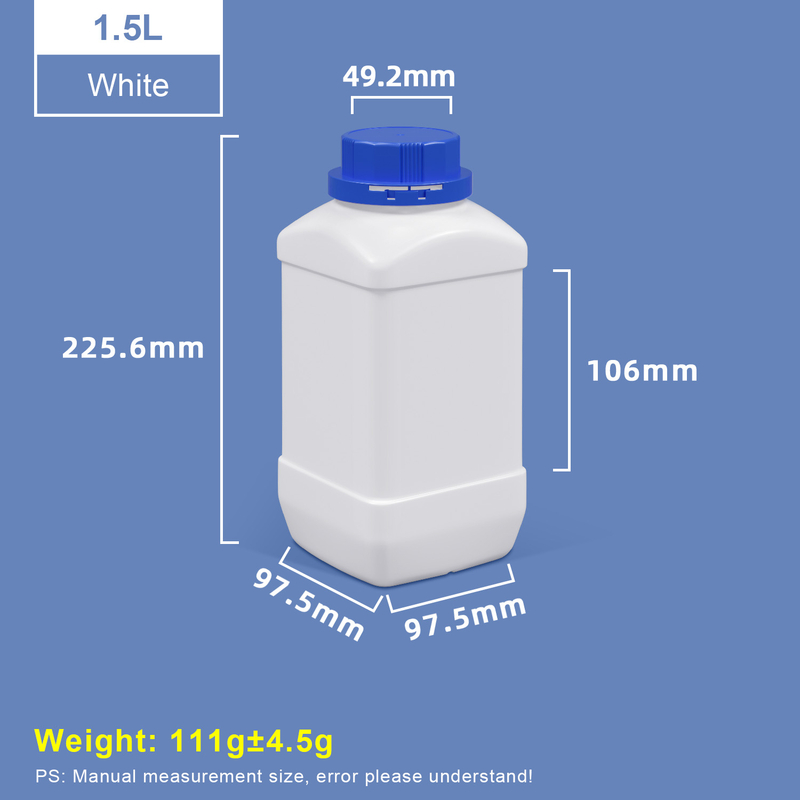 Botellas de plástico cuadradas de cuello ancho blanco de 1500 ml con tapa azul