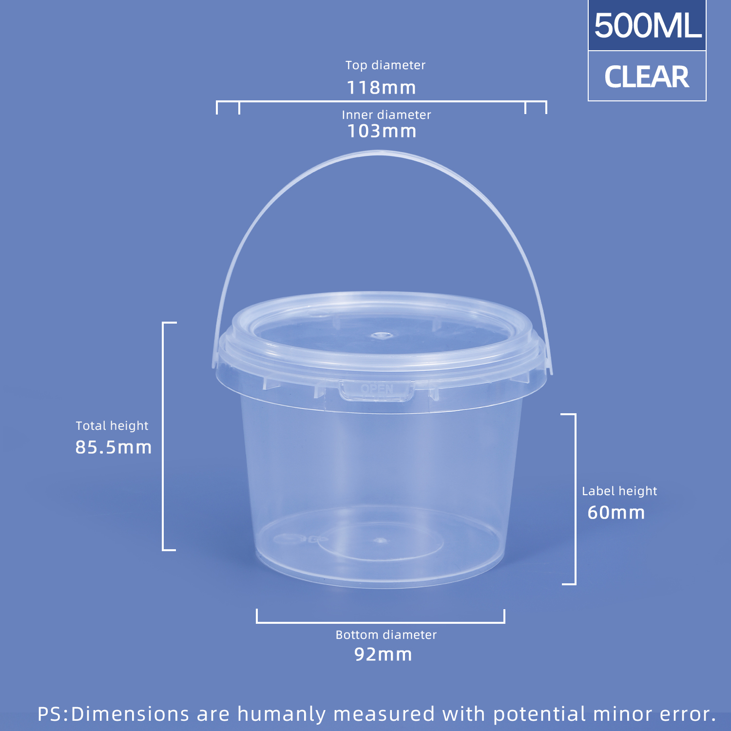 500 ml 16.9 oz. Tortos redondos de plástico y cubos