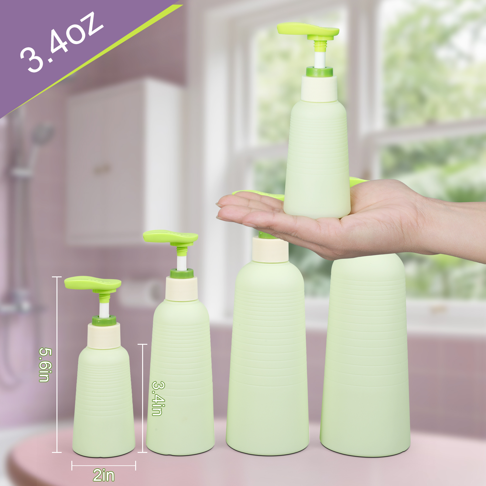 Champú de viaje suave verde y botella de acondicionador con bomba