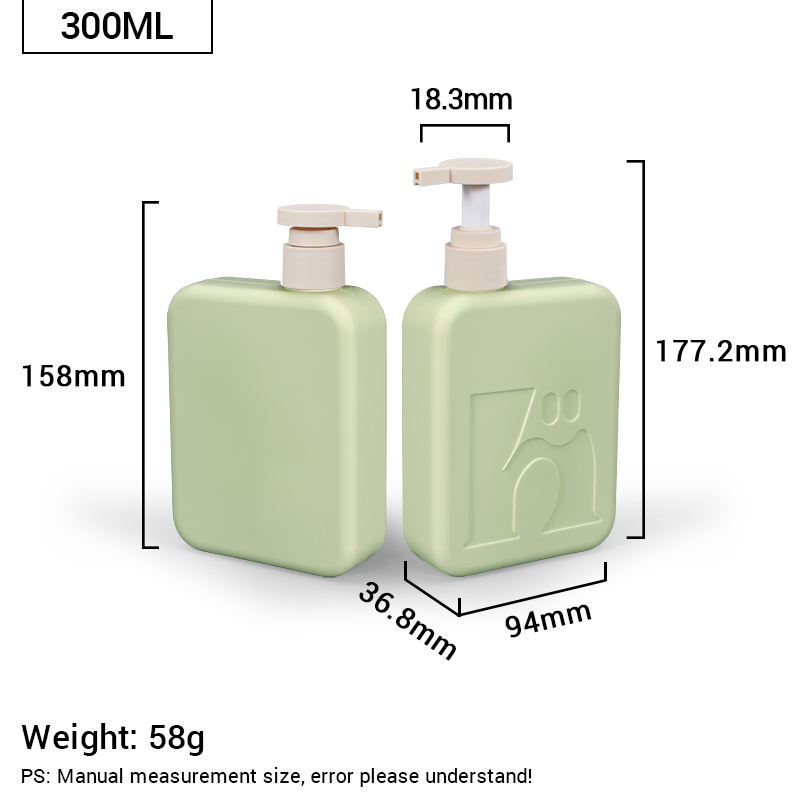 300 ml de champú cuadrado de plástico verde vacío y botella de acondicionador