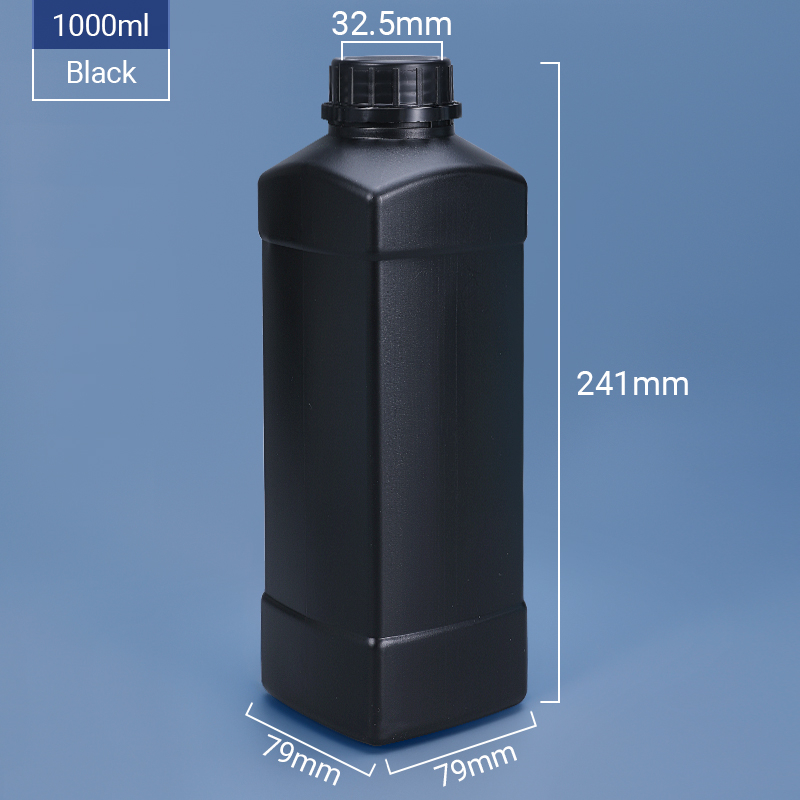 Botella HDPE de plástico cuadrada de 1000 ml 1 litros con tapa de tornillo evidente de manipulación- Negro