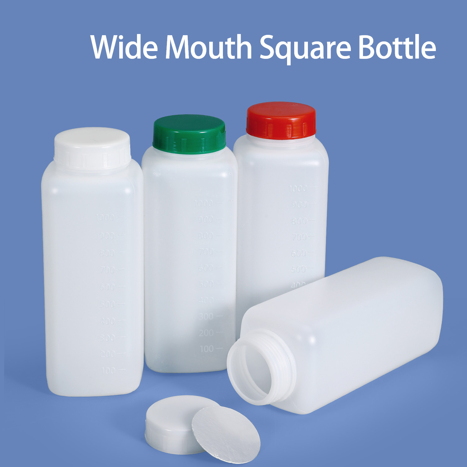 Botella de plástico cuadrada de boca ancha HDPE de 1 litro, cuello de 60 mm con graduación para envases de polvo y líquidos espesos