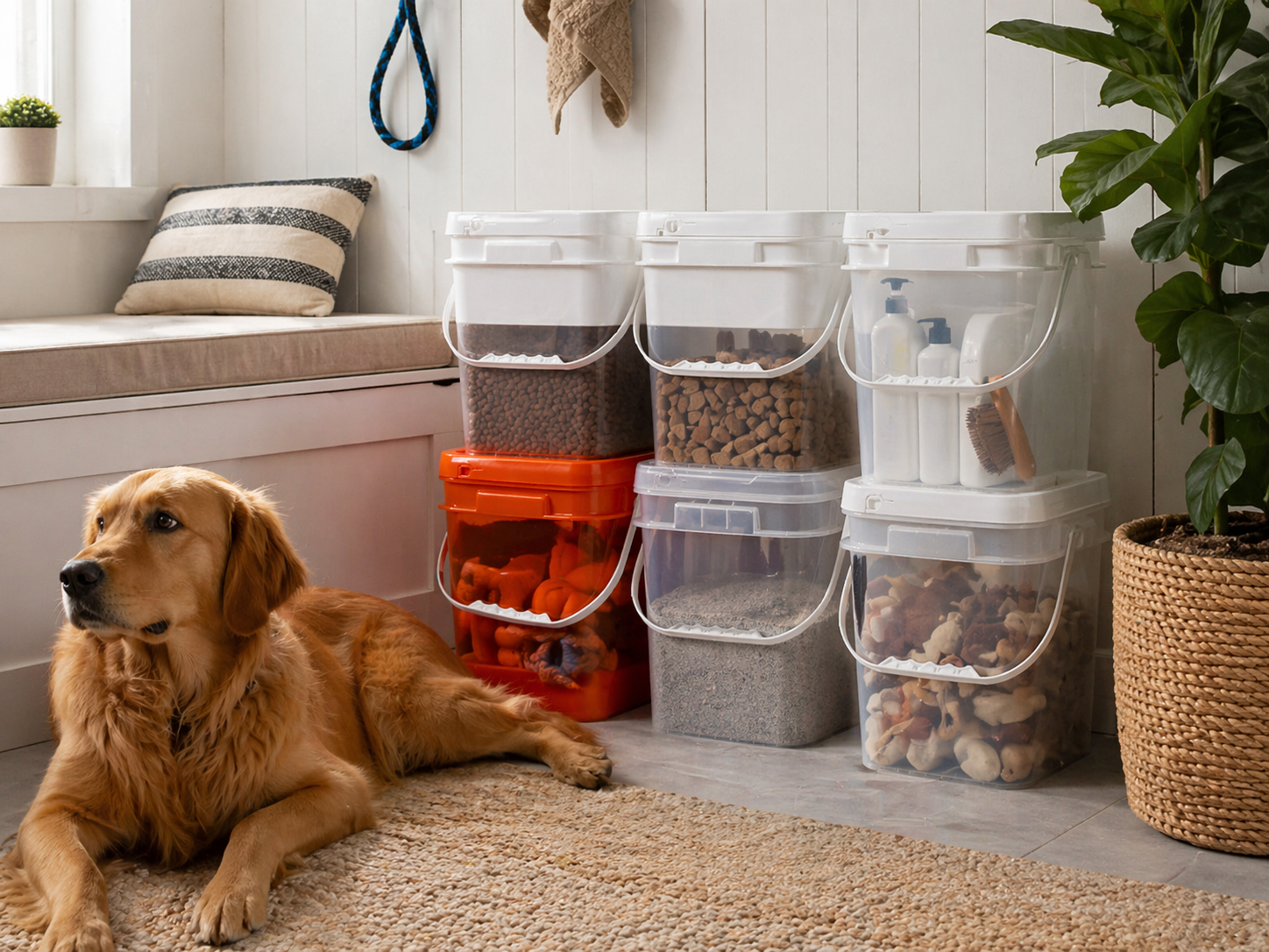 Almacenamiento de art&iacute;culos para mascotas con cubos de pl&aacute;stico cuadrados.png