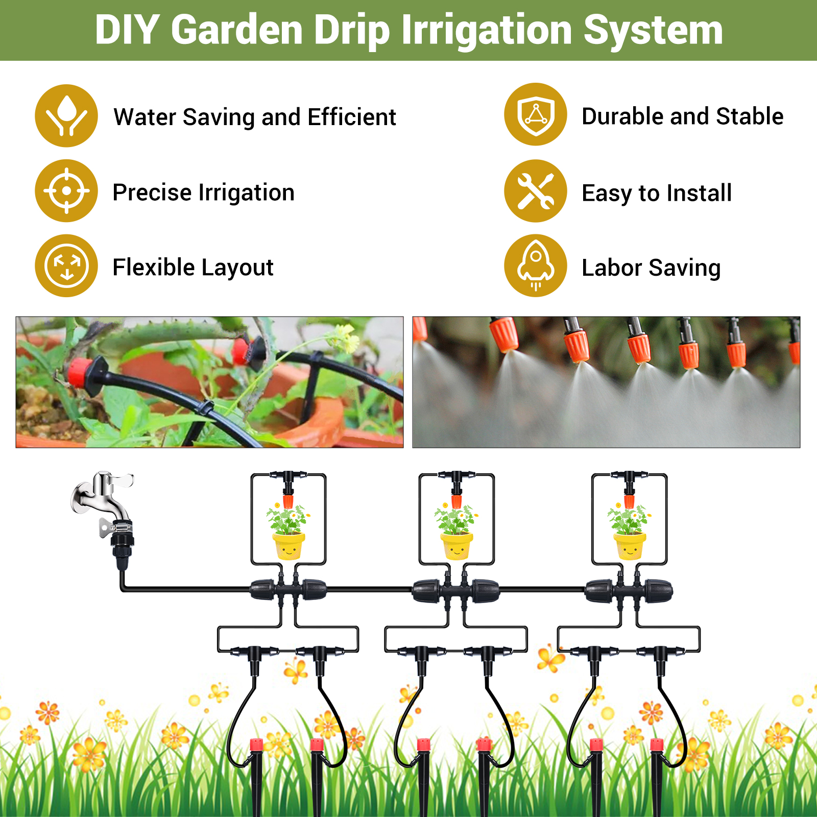 Sistema de riego por goteo para jardín, sistema de riego de plantas Accesorios para rociadores de invernaderos, kit de riego por goteo de 226 pies con tubos de 1/4 1/2 pulgadas para plantas para exteriores, cama de jardín elevada, patio en maceta, césped