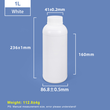 Botella de plástico redonda de boca ancha de 1 litro, botella de HDPE blanca 