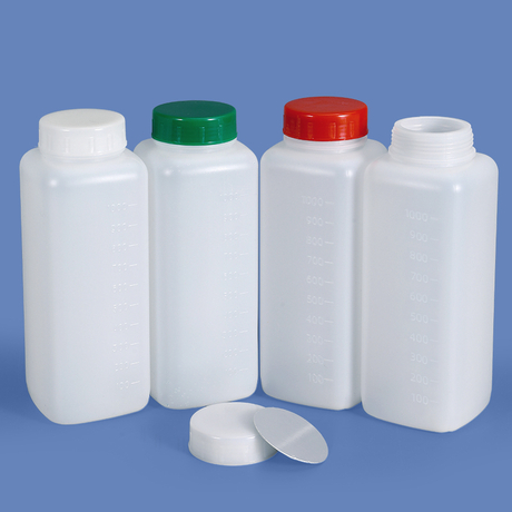 Botella de plástico cuadrada de boca ancha HDPE de 1 litro, cuello de 60 mm con graduación para envases de polvo y líquidos espesos