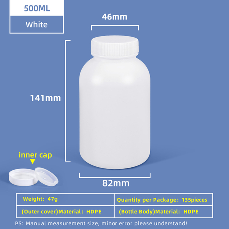 Botella de plástico de boca ancha de HDPE de 500 ml con tapa interior a prueba de fugas para uso en laboratorio químico