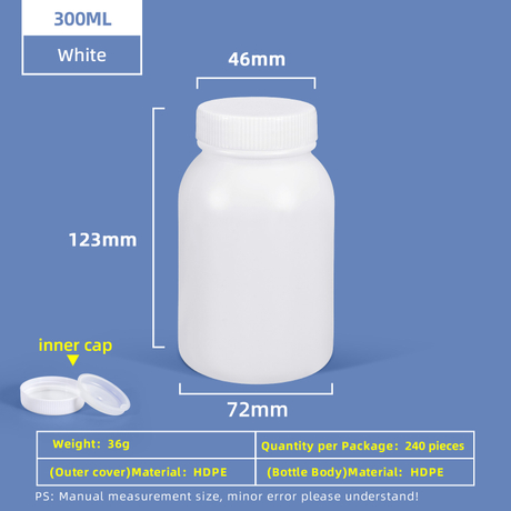 Botella de plástico de boca ancha de HDPE de 300 ml con tapa interior a prueba de fugas para uso en laboratorio químico