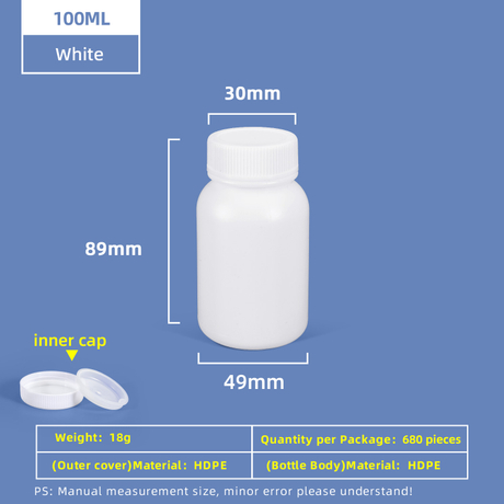 Botella de plástico de boca ancha de HDPE de 100 ml con tapa interior a prueba de fugas para uso en laboratorio químico