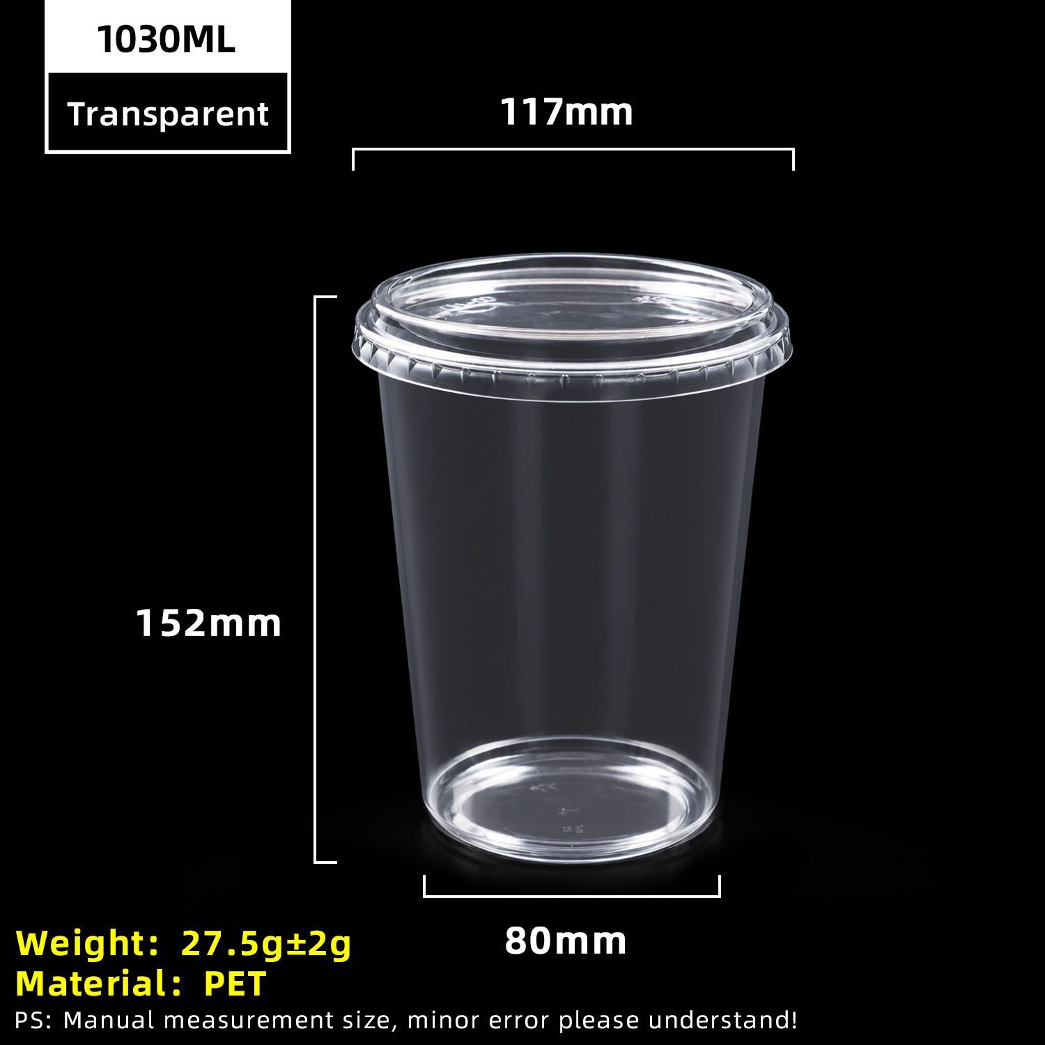 Vaso de plástico PET transparente de 32 oz y 1030 ml