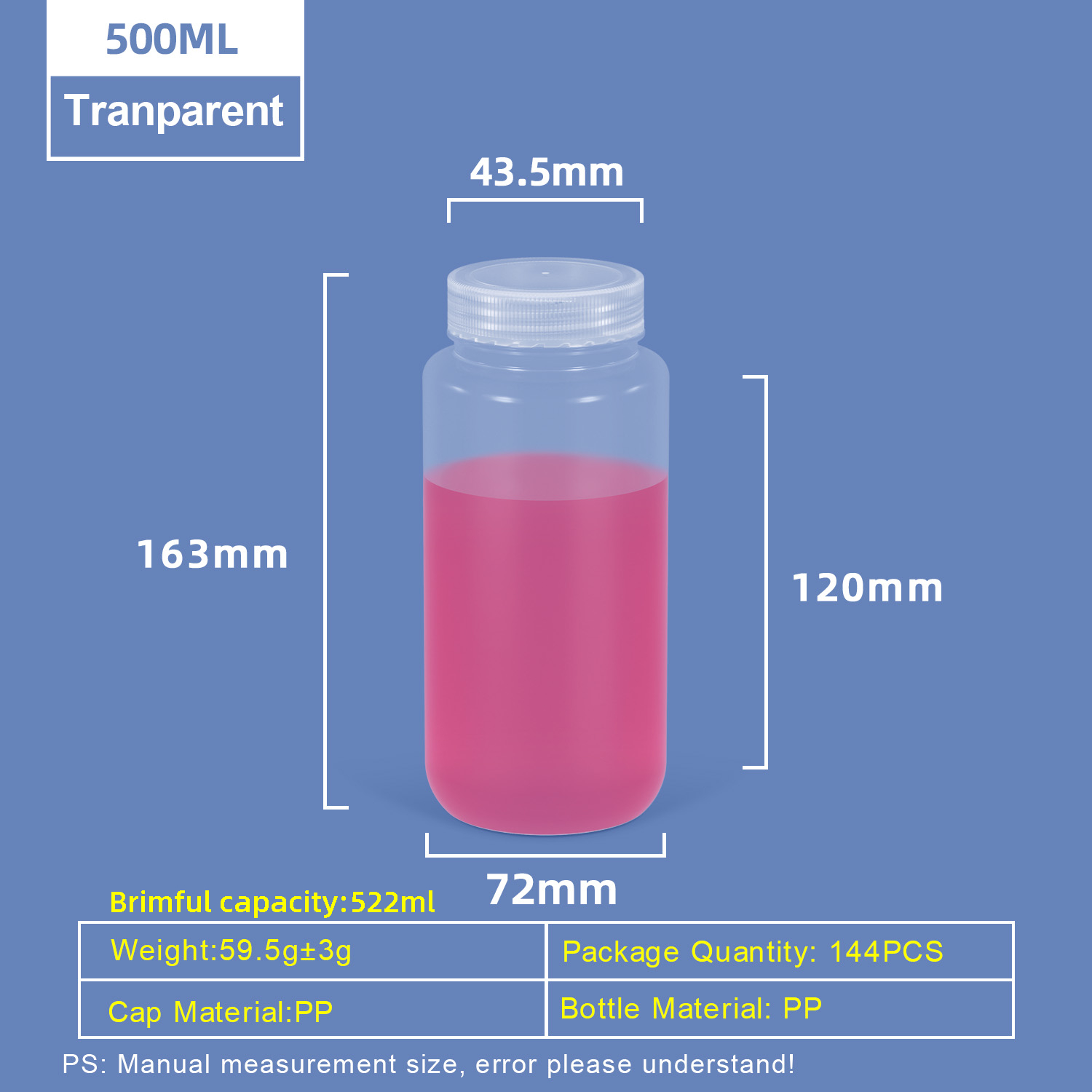 Botella de plástico PP de cuello ancho de 500 ml
