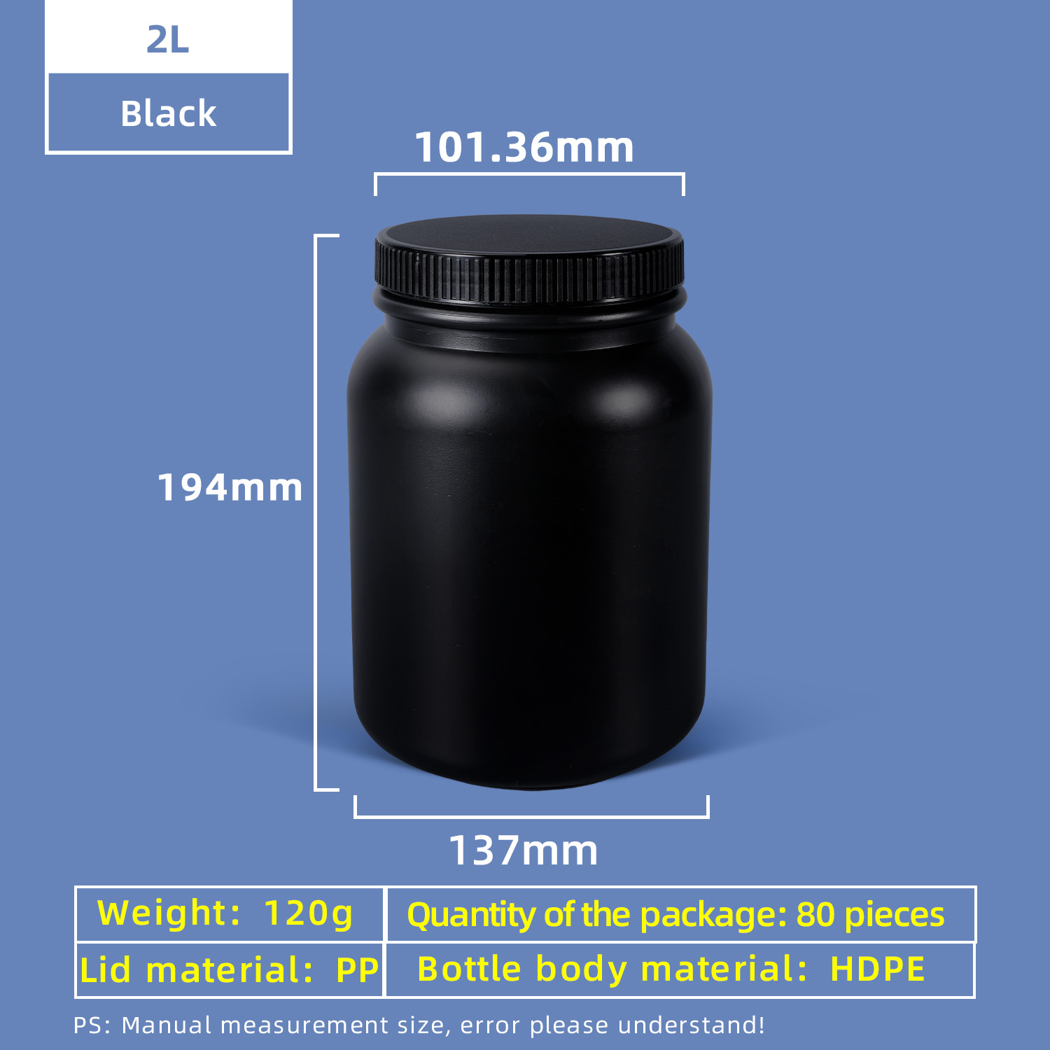 Botella de plástico de boca ancha de HDPE de 2 litros con tapa de junta a prueba de fugas para uso en laboratorio químico