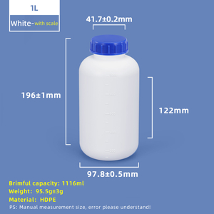 Botella de plástico de boca ancha HDPE de 1 litro con línea de escala y tapa interior