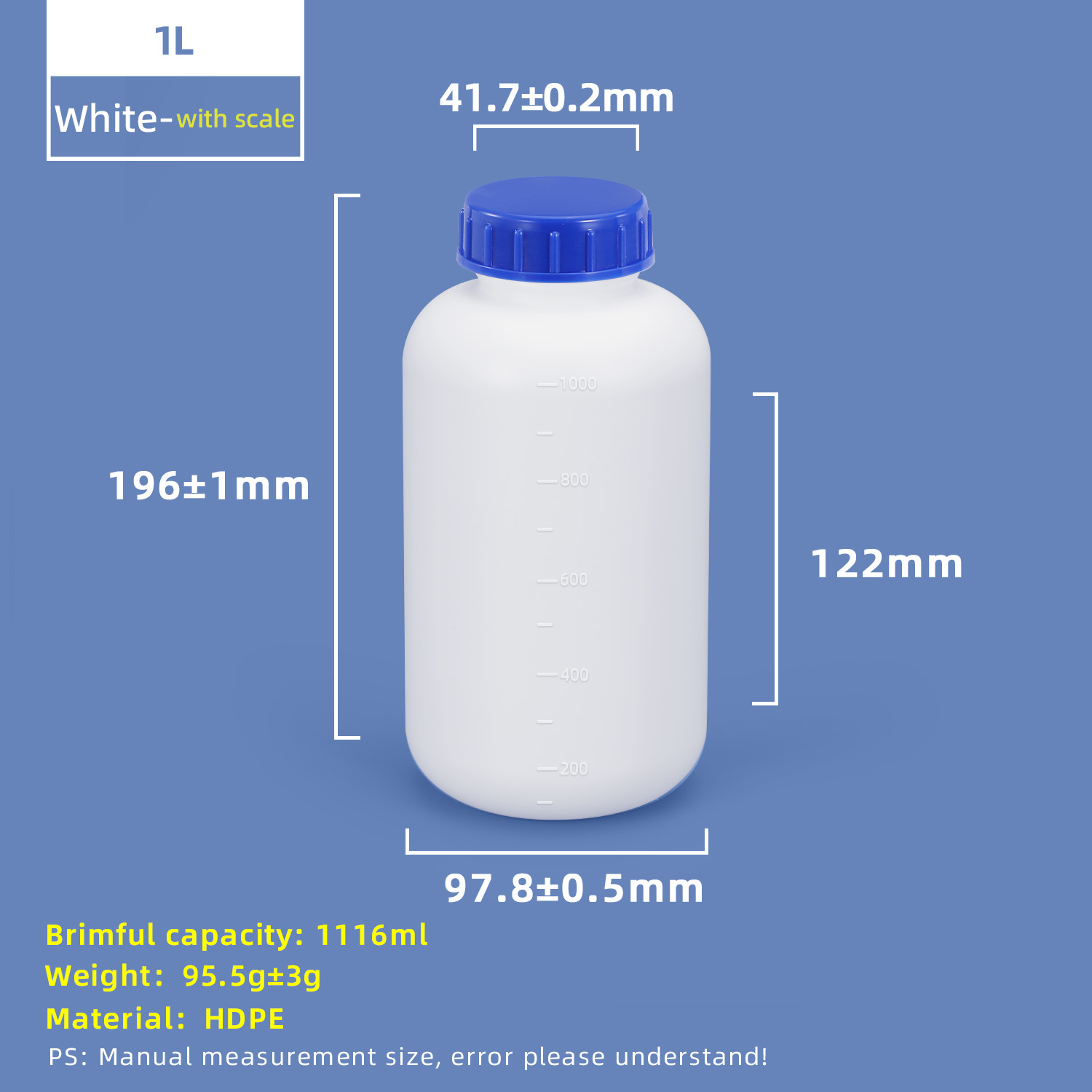 Botella de plástico de boca ancha HDPE de 1 litro con línea de escala y tapa interior