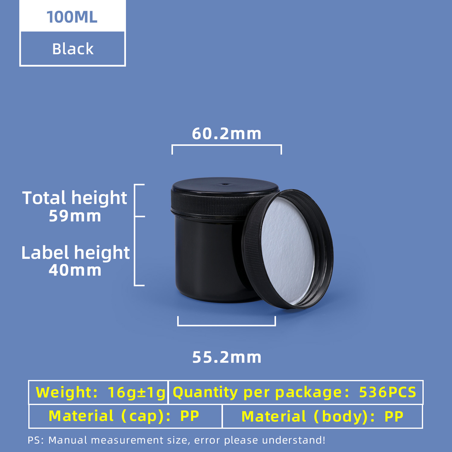 Tarro de plástico con tornillo de boca ancha de PP de 100 ml con tapa de junta de papel de aluminio