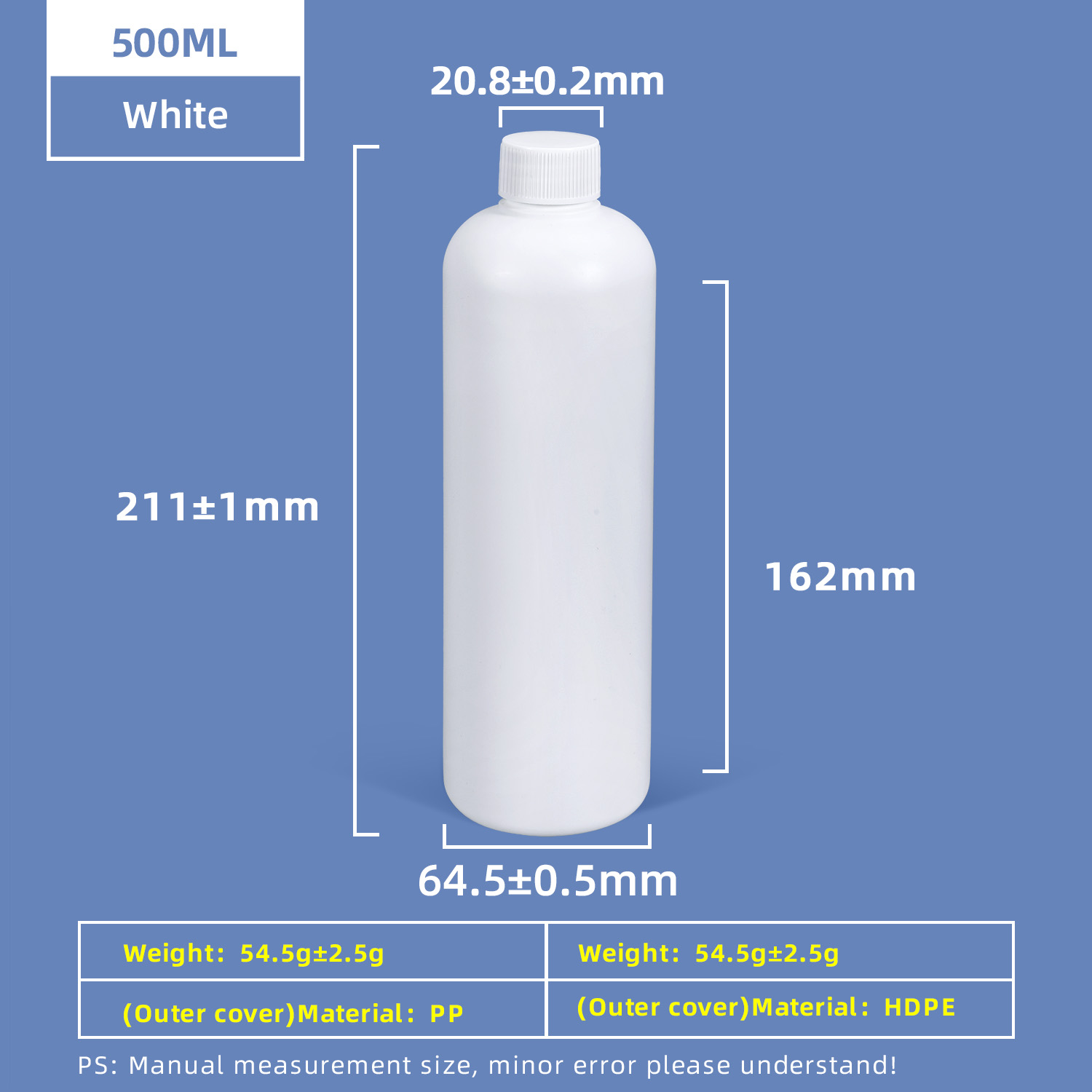 Botella de PE blanca translúcida de 500 ml con junta de inducción con tapón de rosca
