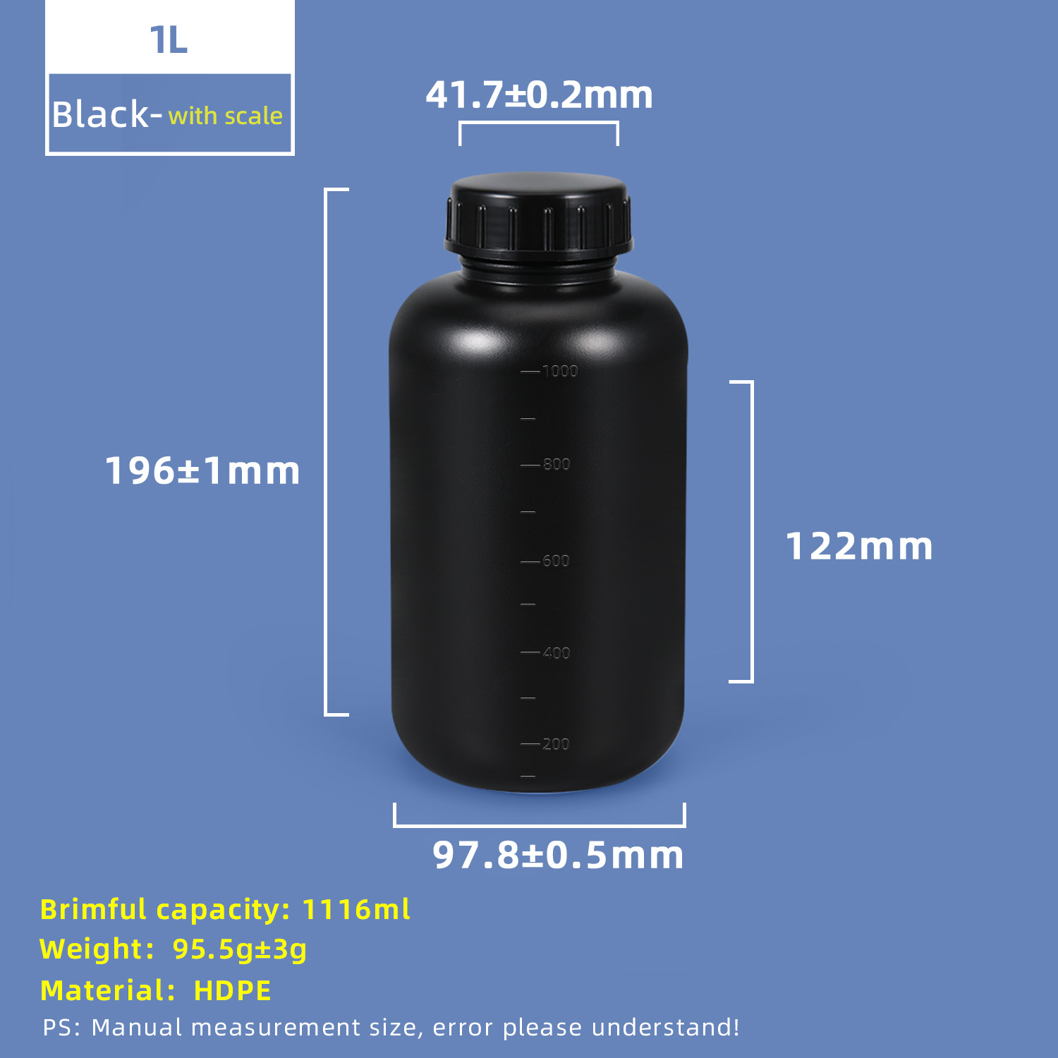 Botella de plástico de boca ancha HDPE de 1 litro con línea de escala y tapa interior