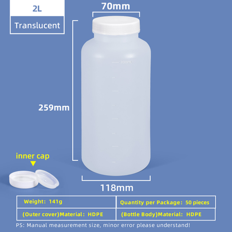 Botella de plástico de boca ancha de HDPE de 2 litros con tapa interior a prueba de fugas para uso en laboratorio químico