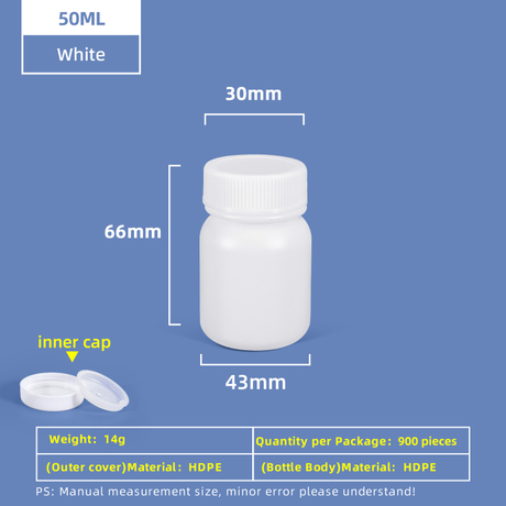 Botella de plástico de boca ancha de HDPE de 50 ml con tapa interior a prueba de fugas para uso en laboratorio químico