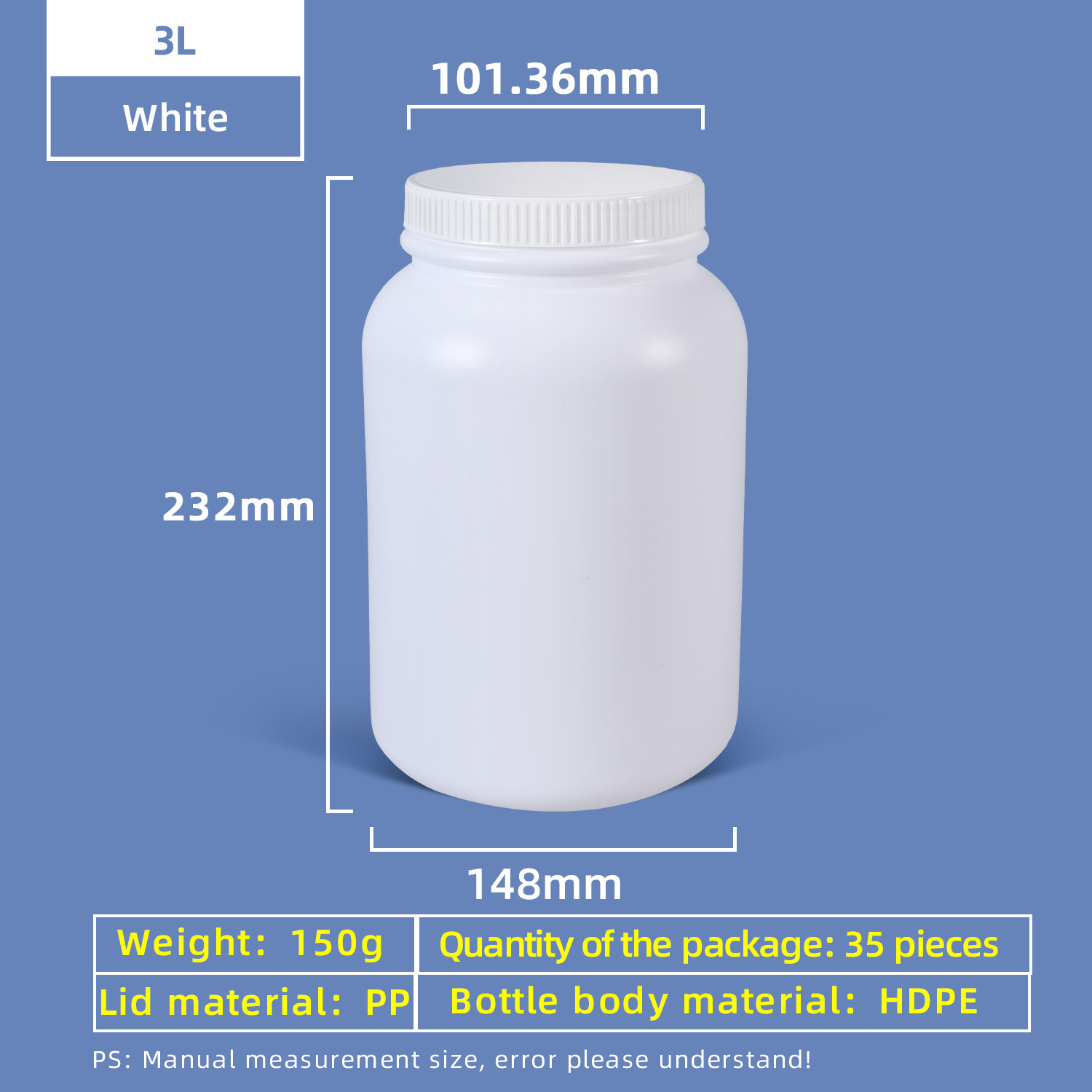 Botella de plástico de boca ancha de HDPE de 3 litros con tapa de junta a prueba de fugas para uso en laboratorio químico