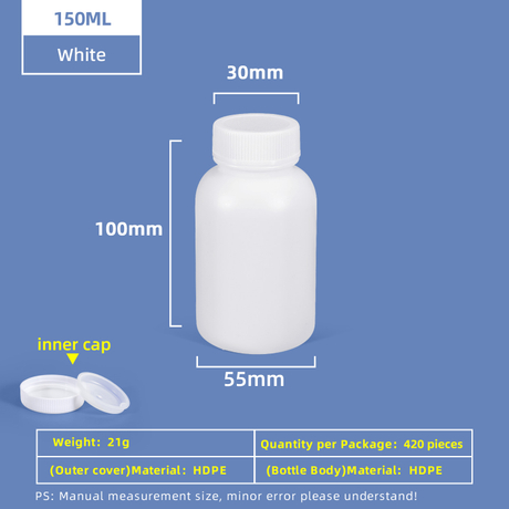 Botella de plástico de boca ancha de HDPE de 150 ml con tapa interior a prueba de fugas para uso en laboratorio químico