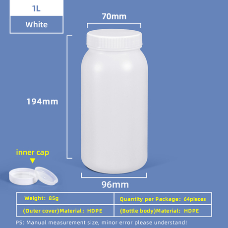 Botella de plástico de boca ancha de HDPE de 1 litro con tapa interior a prueba de fugas para uso en laboratorio químico
