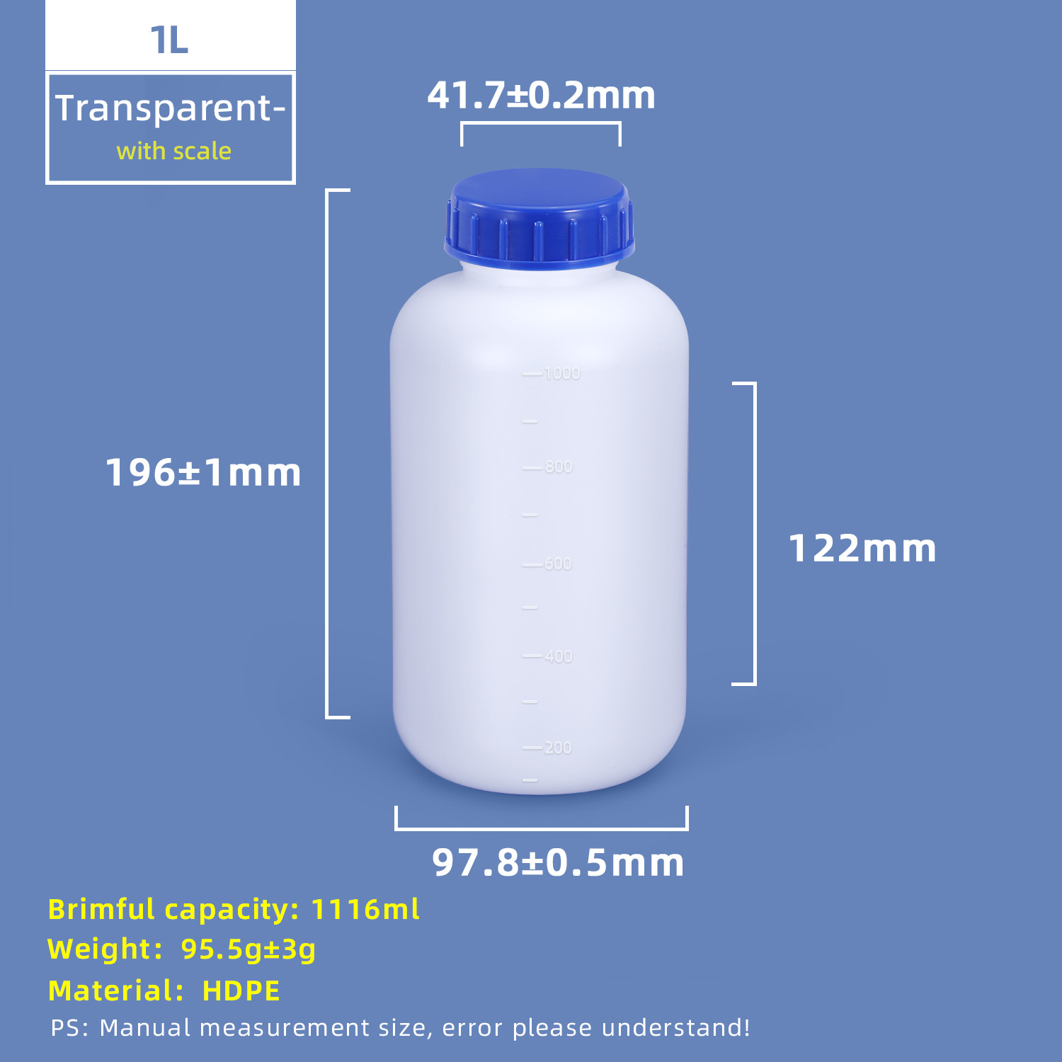 Botella de plástico de boca ancha HDPE de 1 litro con línea de escala y tapa interior