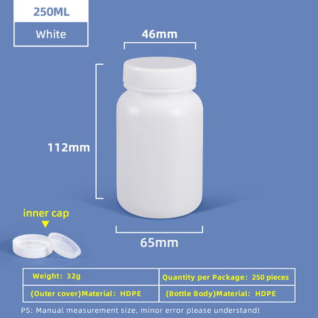 Botella de plástico de boca ancha de HDPE de 250 ml con tapa interior a prueba de fugas para uso en laboratorio químico
